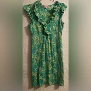 Lilly Pulitzer Clare dress green floral Seaweed Daisy, ruffle silk blend; L